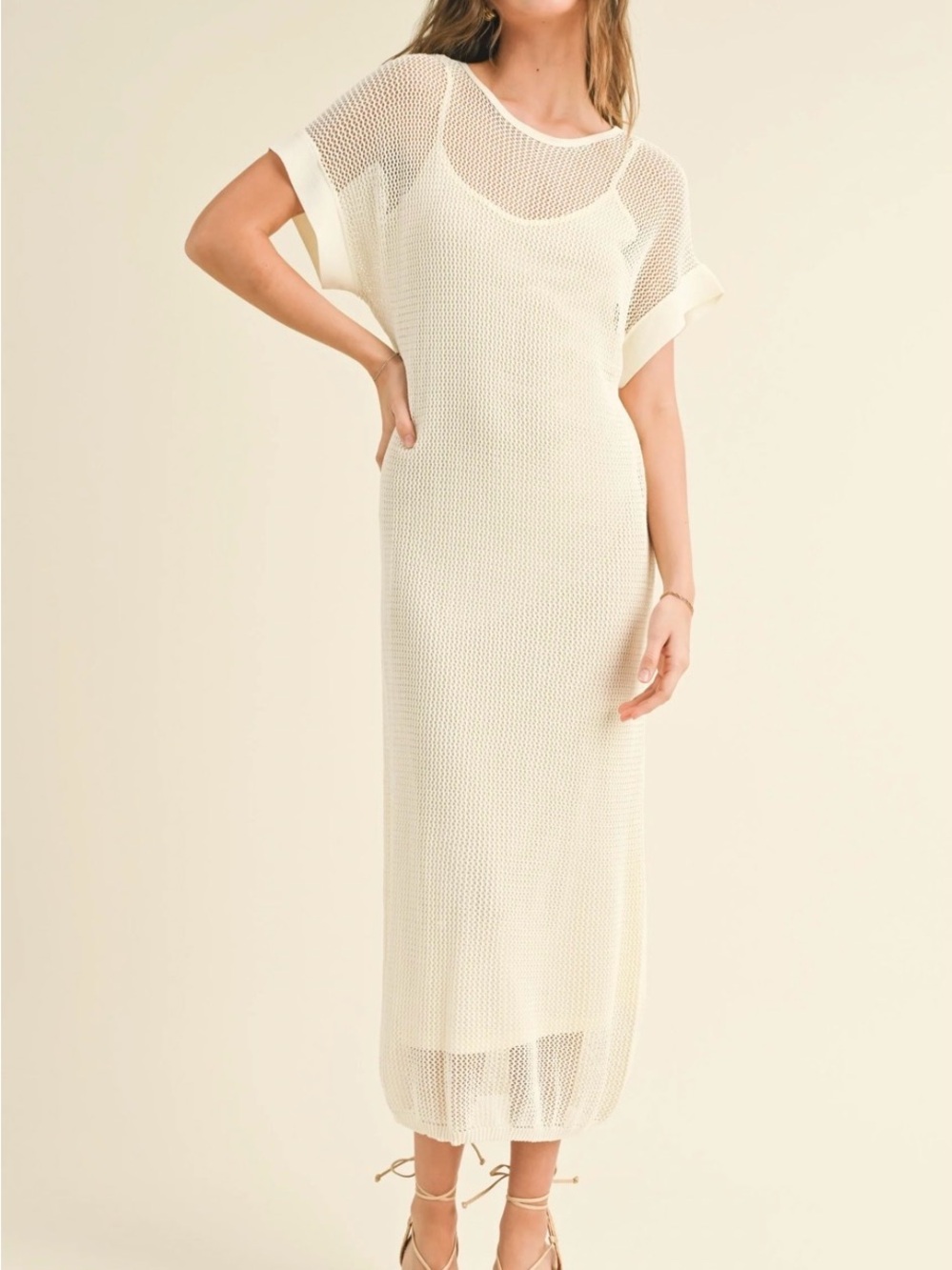 Ivy Mesh Long Dress with Slip in Cream by the brand Miou Muse